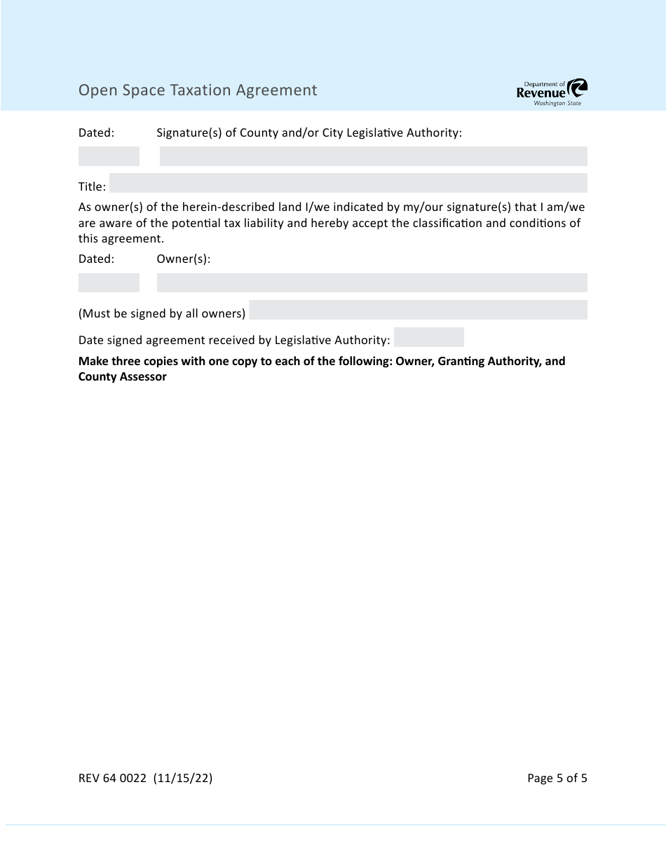 Form REV64 0022 Open Space Taxation Agreement - Washington, Page 5