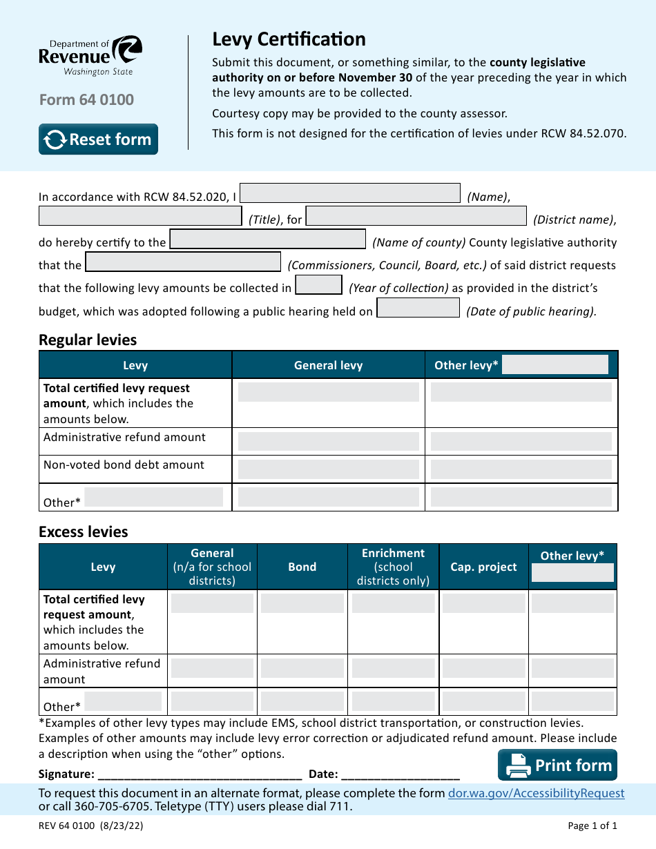 Form REV64 0100 Levy Certification - Washington, Page 1
