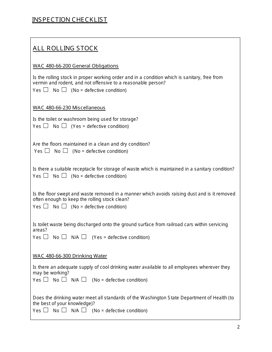 Rail Safety Sanitation Inspection Form - Washington, Page 2