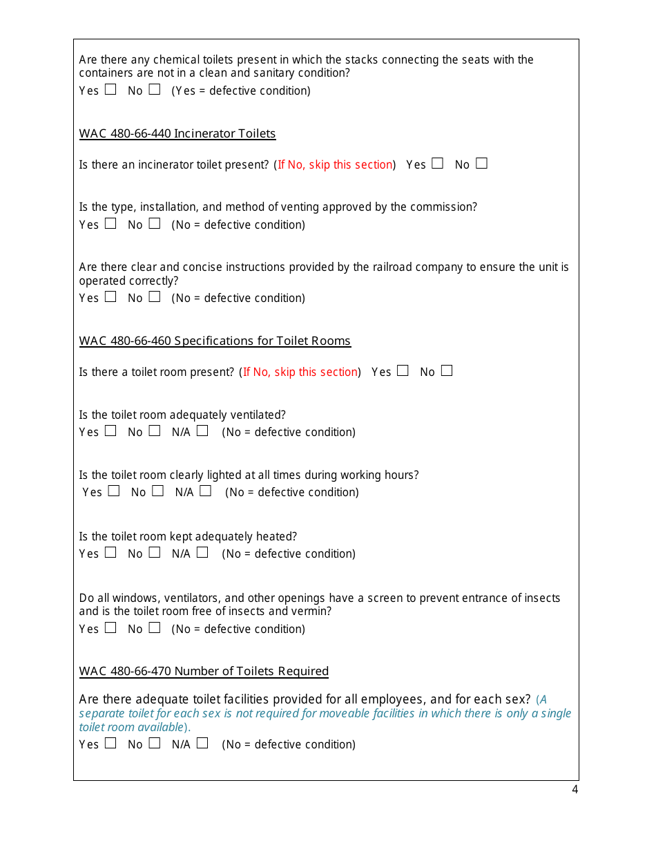Rail Safety Sanitation Inspection Form - Washington, Page 4