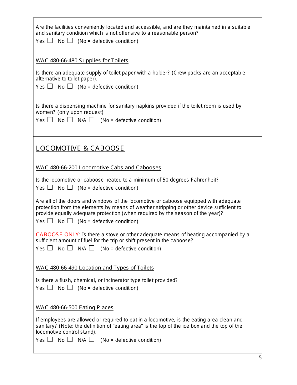 Rail Safety Sanitation Inspection Form - Washington, Page 5