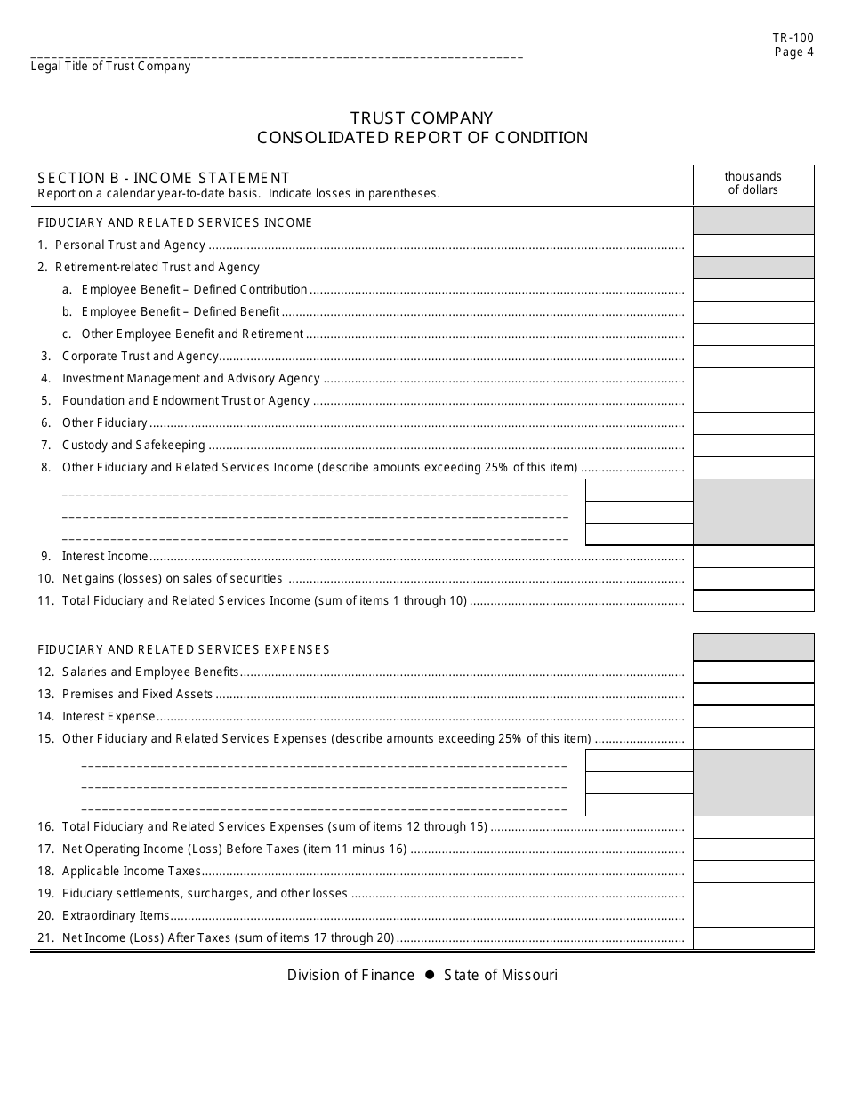 Form TR-100 Trust Company Consolidated Report of Condition and Income - Missouri, Page 4