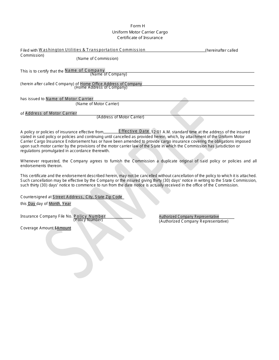 Form H Uniform Motor Carrier Cargo Certificate of Insurance - Sample - Washington, Page 1