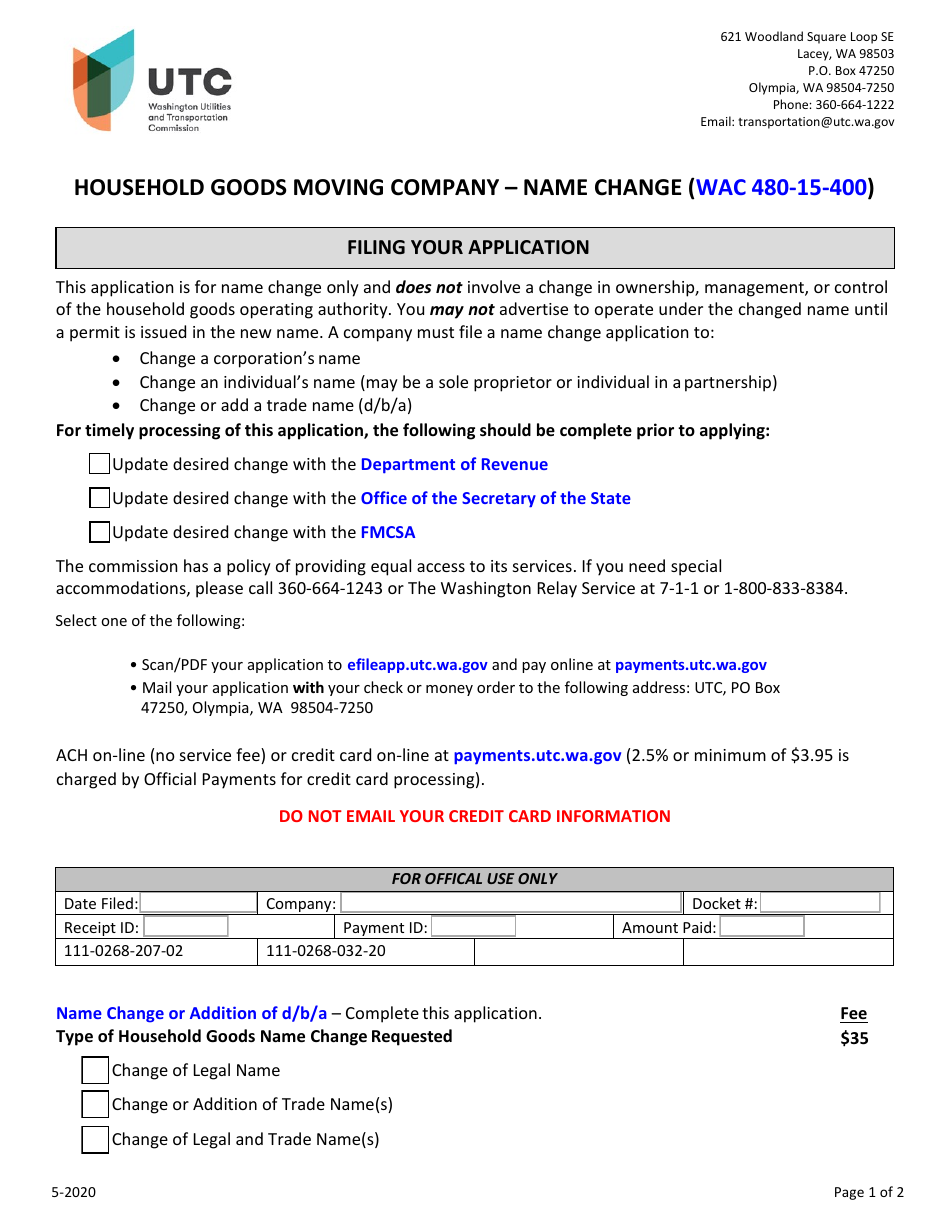 Household Goods Moving Company Name Change - Washington, Page 1