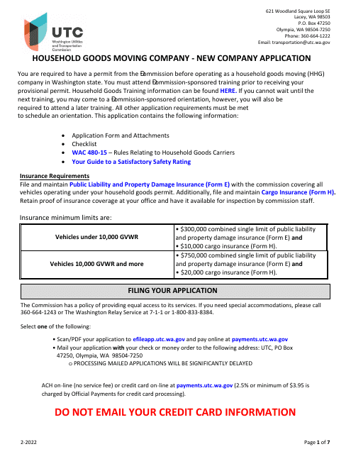Household Goods Moving Company Permit Application - Washington Download Pdf