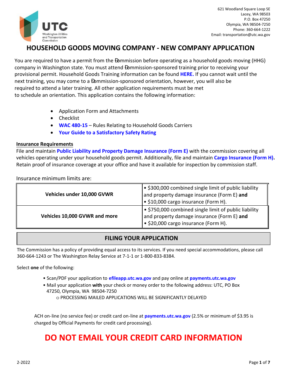 Household Goods Moving Company Permit Application - Washington, Page 1