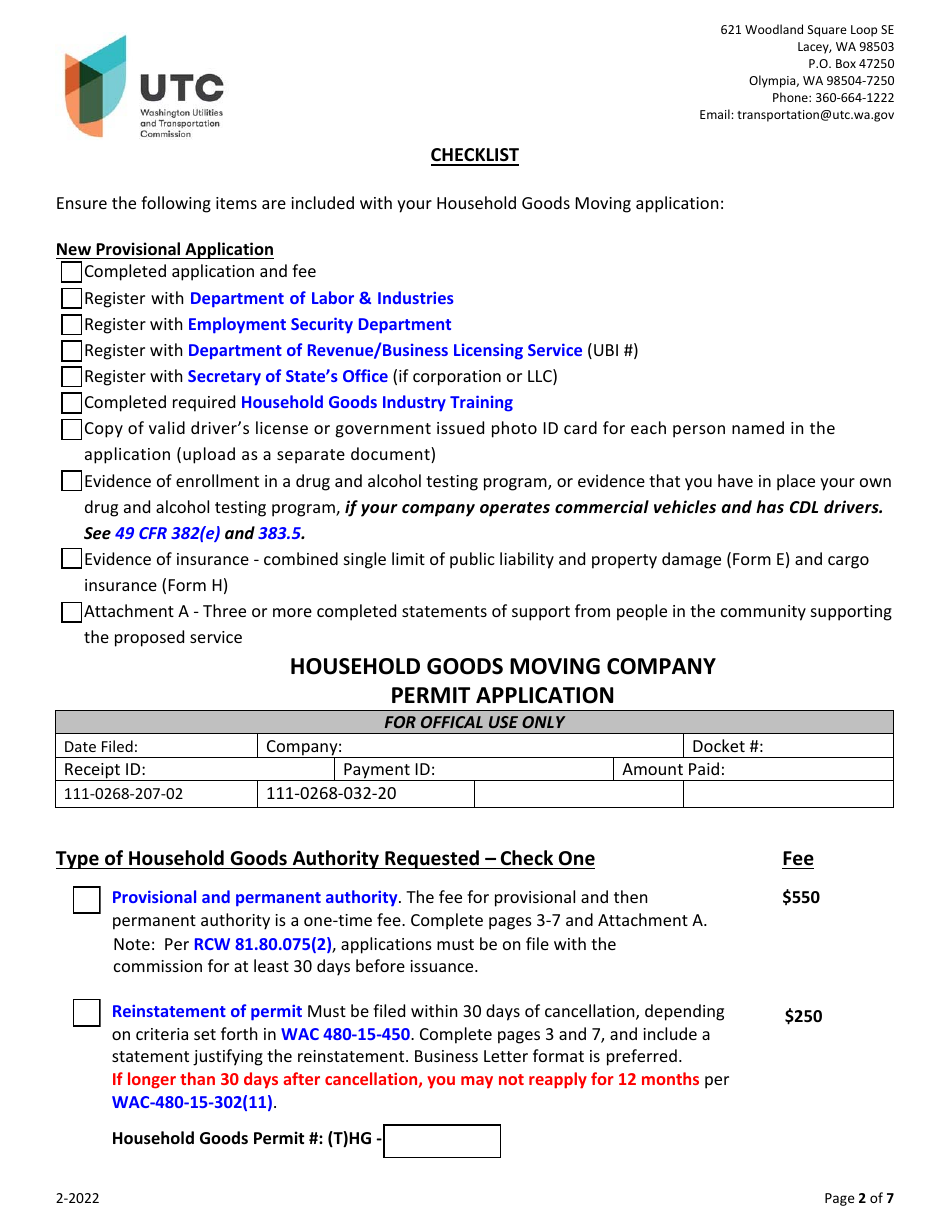 Household Goods Moving Company Permit Application - Washington, Page 2