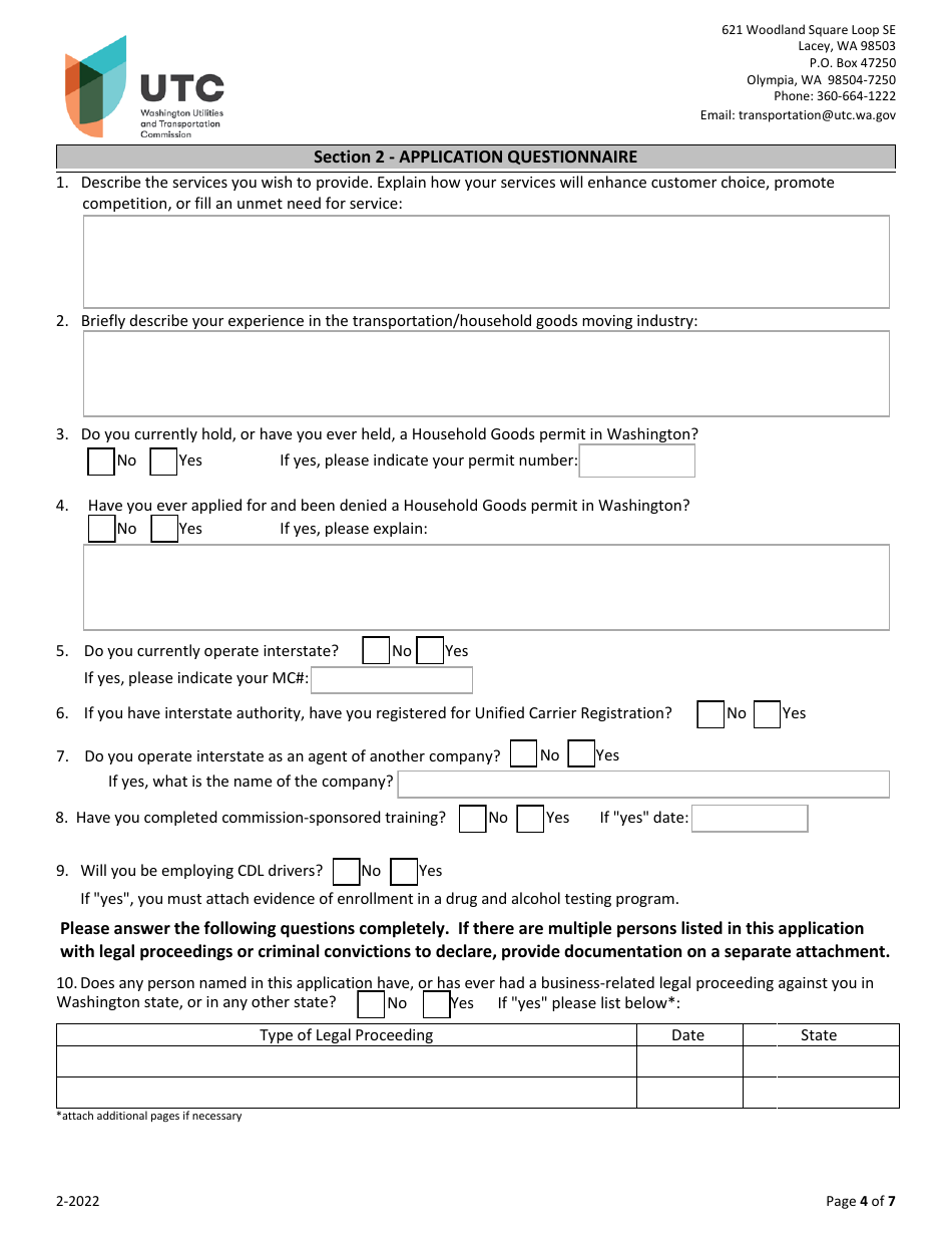 Household Goods Moving Company Permit Application - Washington, Page 4