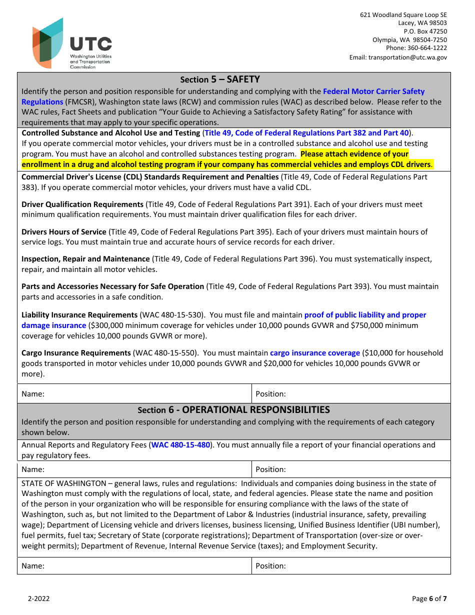 Household Goods Moving Company Permit Application - Washington, Page 6