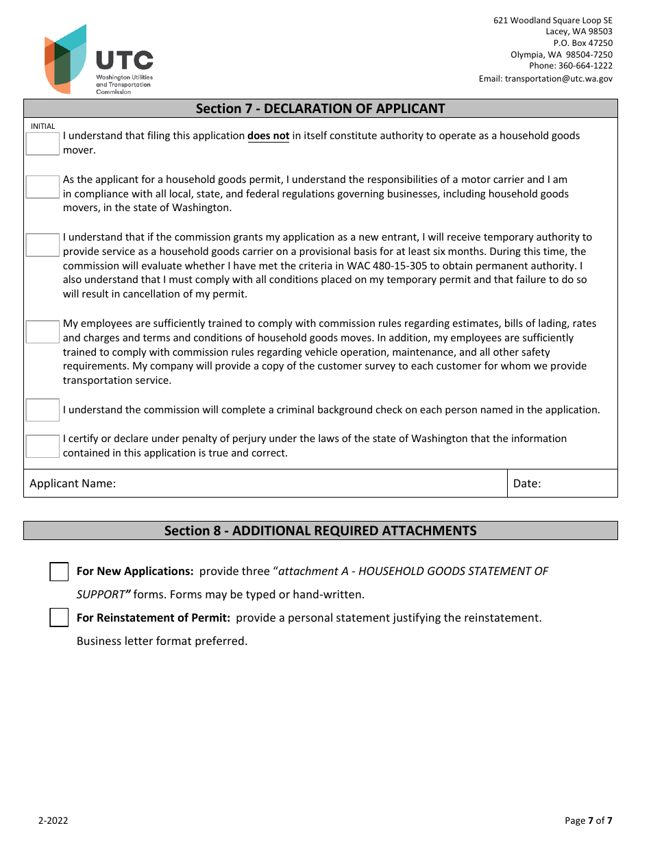Household Goods Moving Company Permit Application - Washington, Page 7