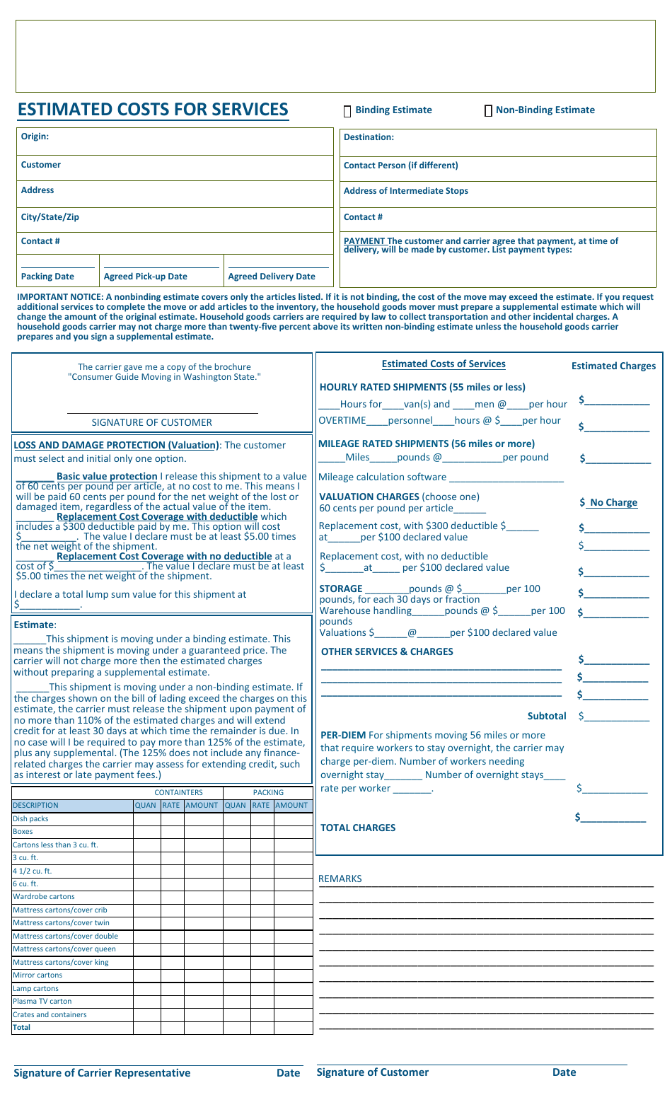 Washington Estimated Costs for Services Fill Out, Sign Online and Download PDF Templateroller