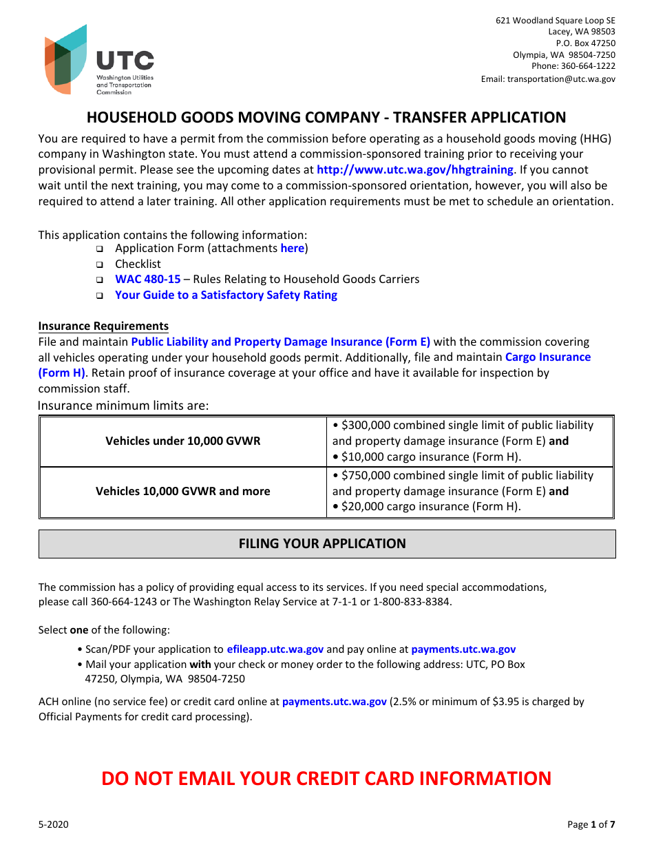 Household Goods Moving Company Transfer Application - Washington, Page 1
