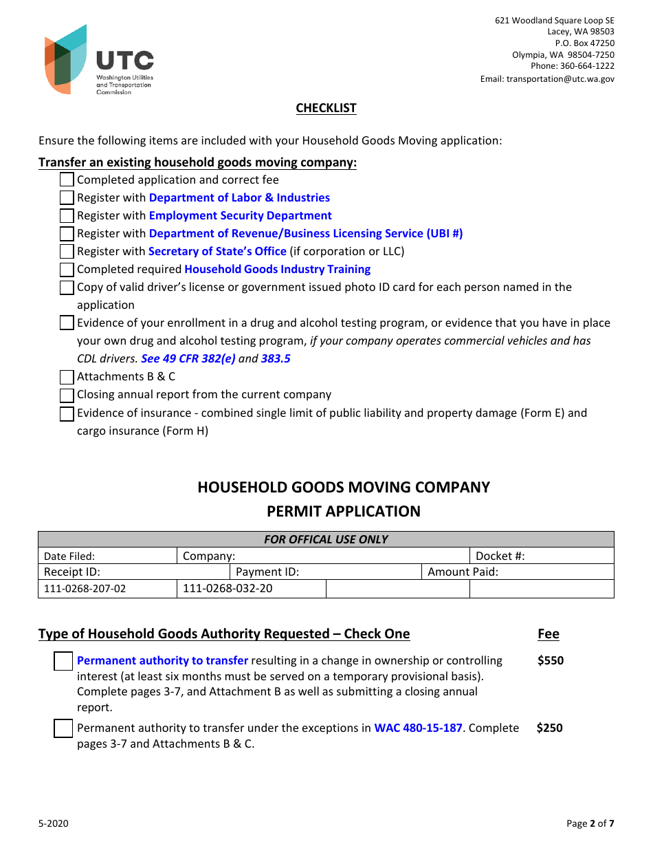 Household Goods Moving Company Transfer Application - Washington, Page 2