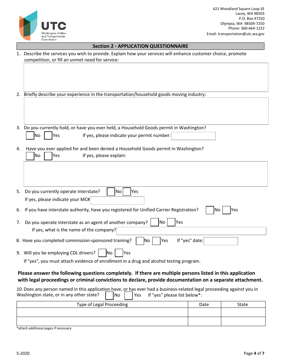 Household Goods Moving Company Transfer Application - Washington, Page 4