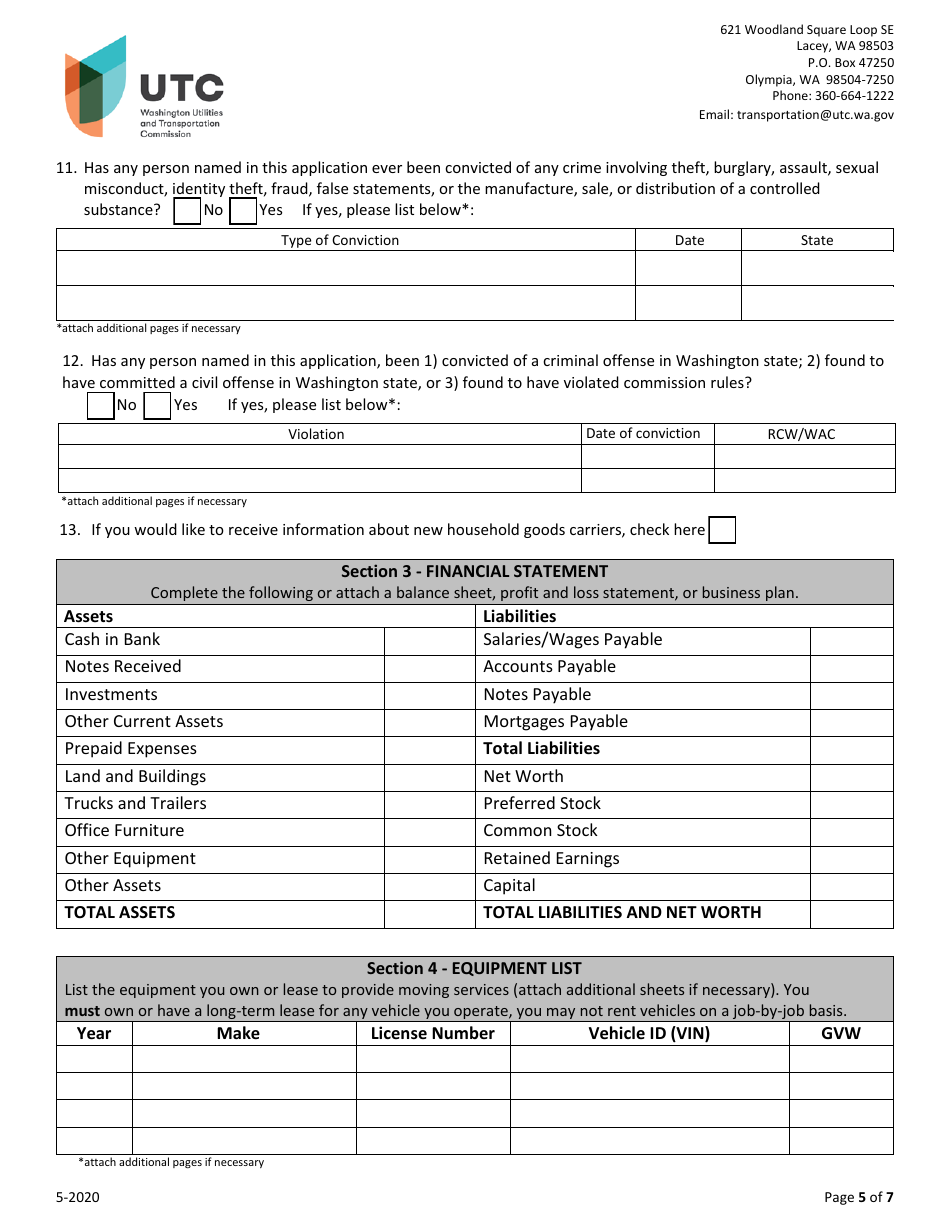 Household Goods Moving Company Transfer Application - Washington, Page 5