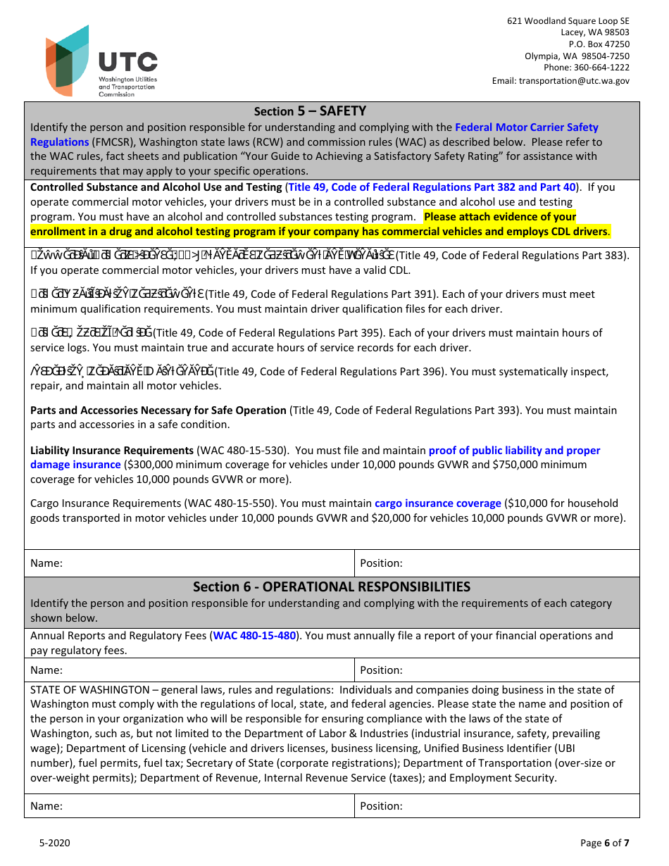 Household Goods Moving Company Transfer Application - Washington, Page 6