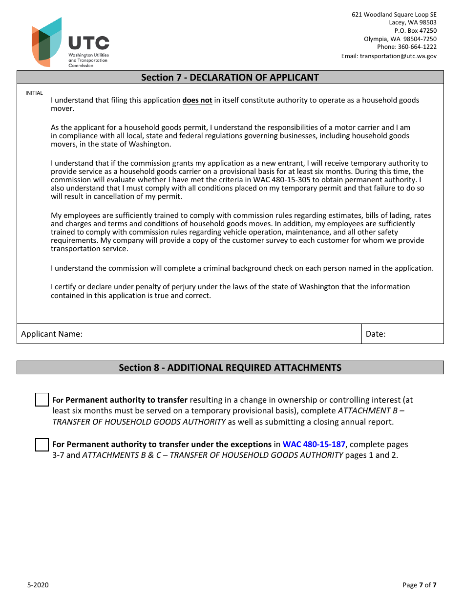 Household Goods Moving Company Transfer Application - Washington, Page 7