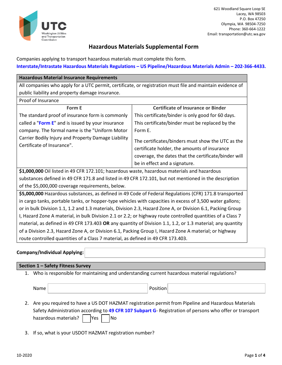 Hazardous Materials Supplemental Form - Washington, Page 1