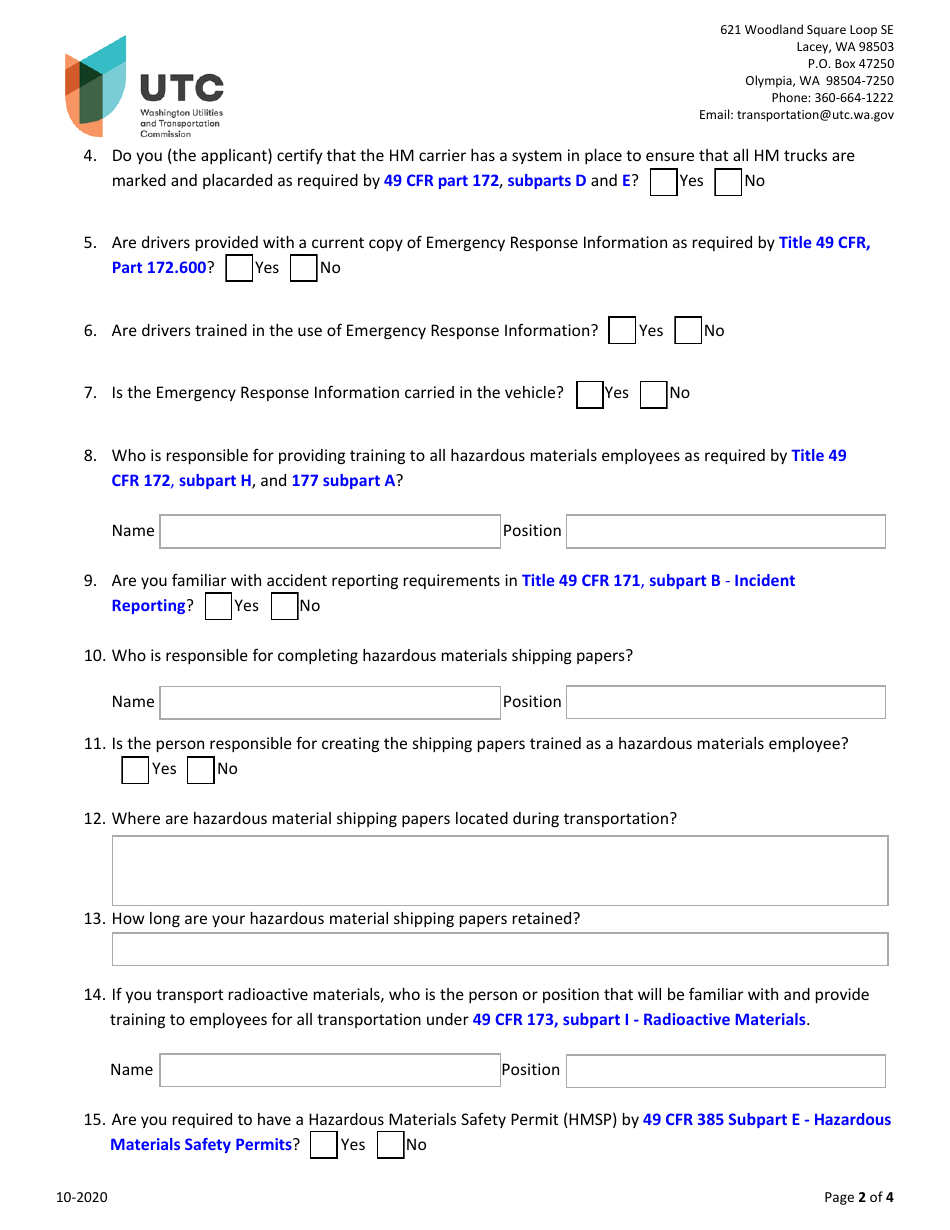 Hazardous Materials Supplemental Form - Washington, Page 2