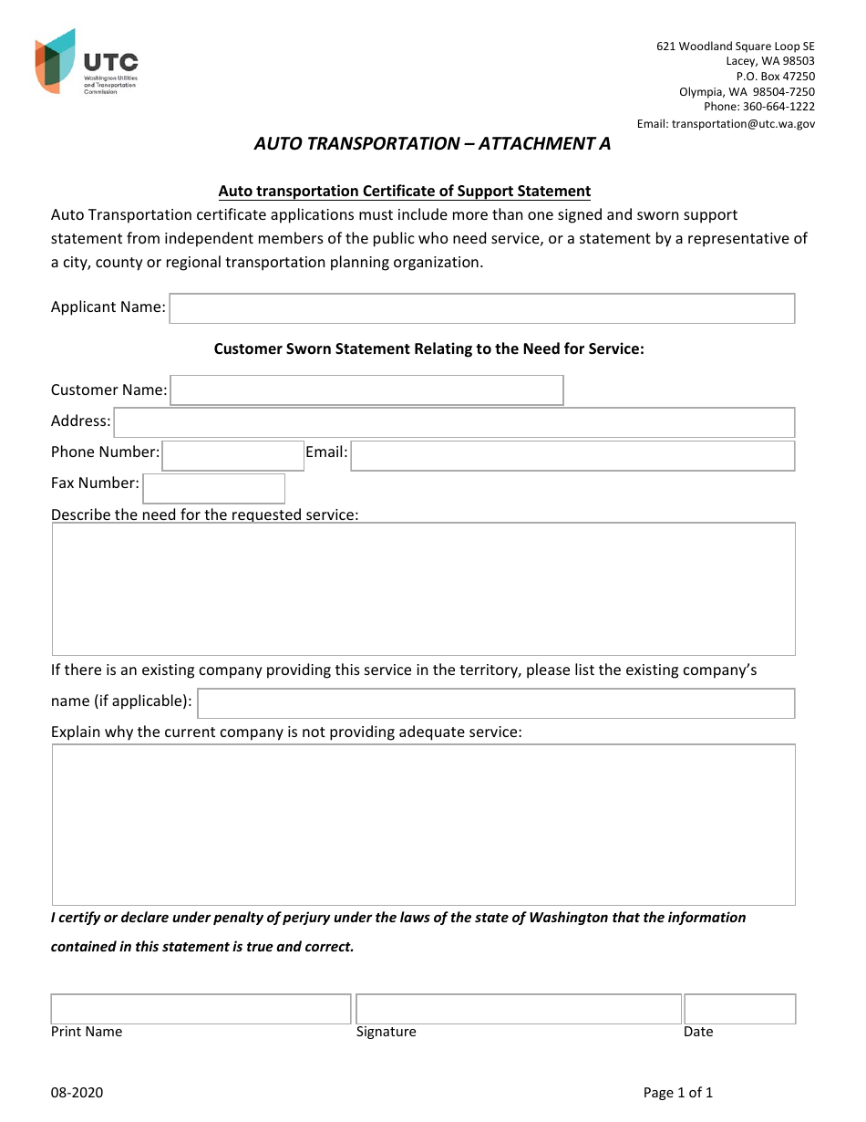 Attachment A Auto Transportation Certificate of Support Statement - Washington, Page 1