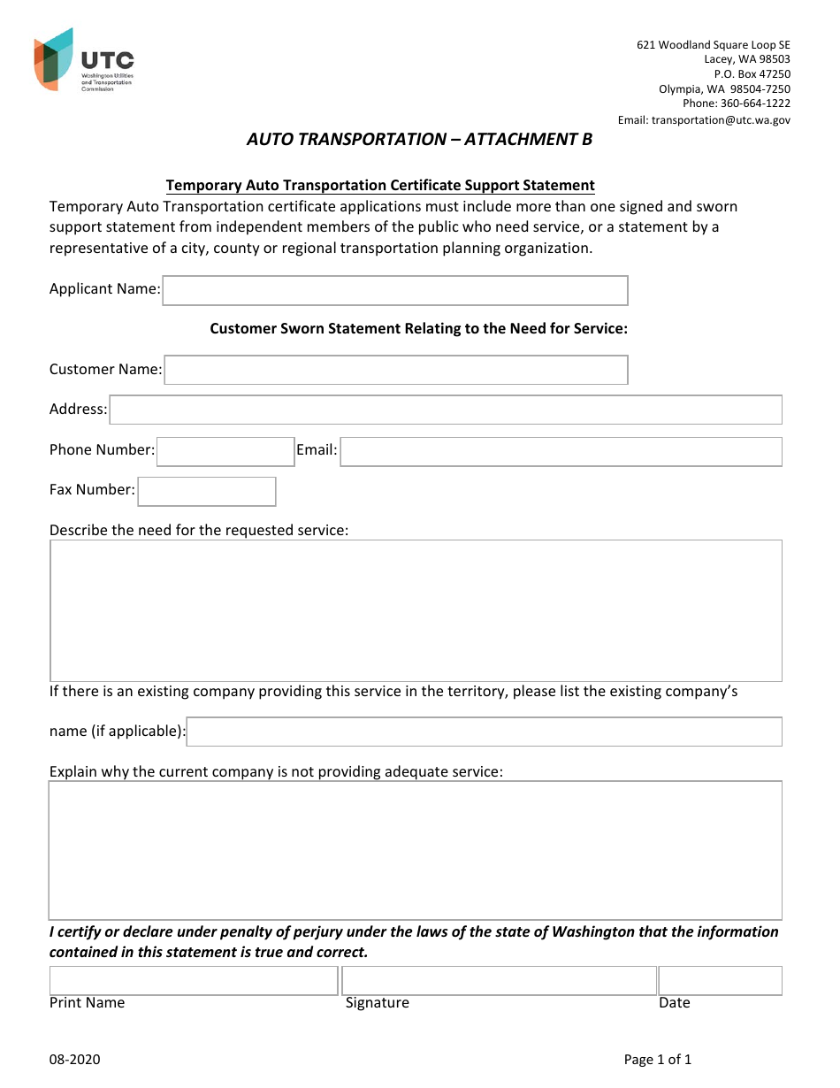 Attachment B Temporary Auto Transportation Certificate Support Statement - Washington, Page 1