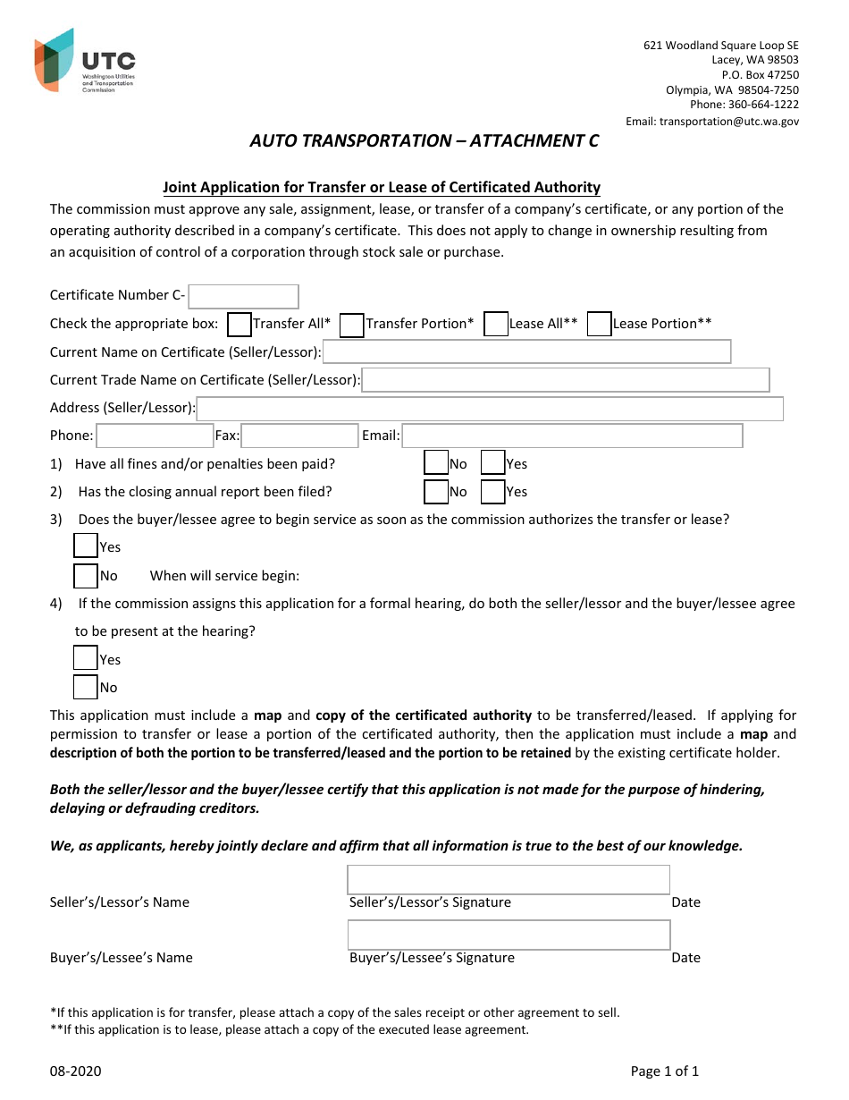 Attachment C Joint Application for Transfer or Lease of Certificated Authority - Washington, Page 1