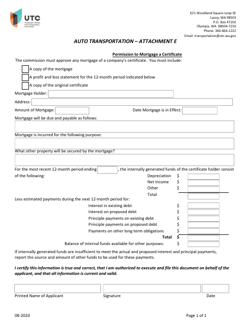 Attachment E Permission to Mortgage a Certificate - Washington