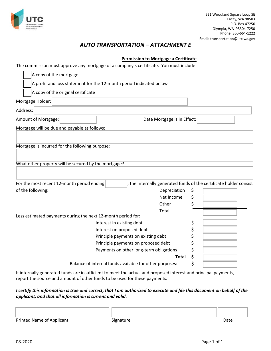 Attachment E Permission to Mortgage a Certificate - Washington, Page 1