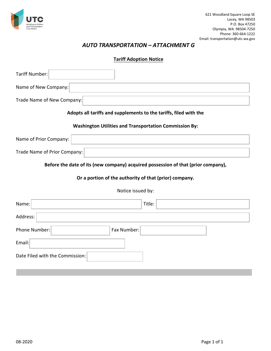 Attachment G Tariff Adoption Notice - Washington, Page 1