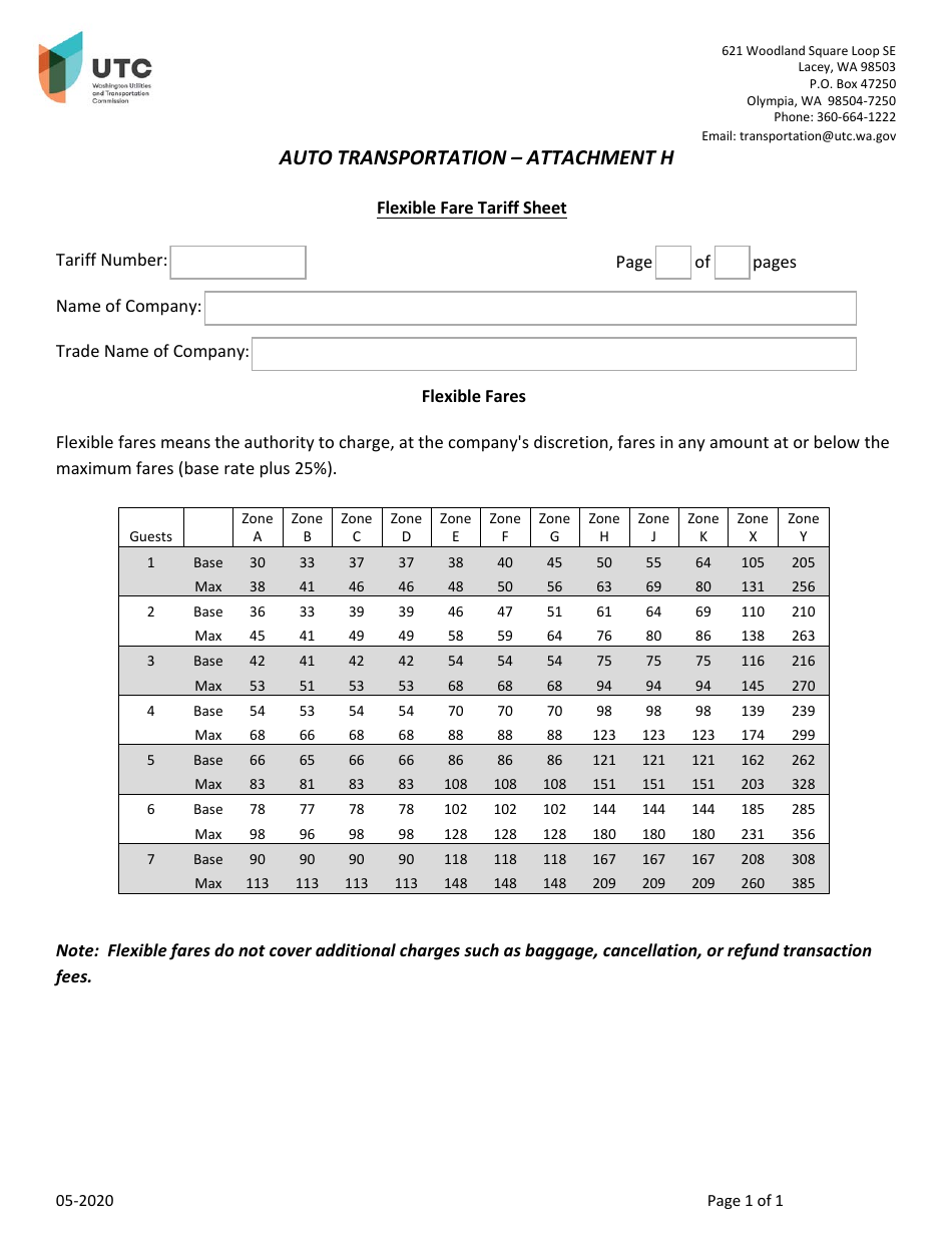 Attachment H Flexible Fare Tariff Sheet - Washington, Page 1