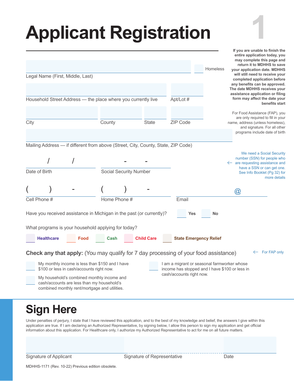 Form Mdhhs 1171 Download Fillable Pdf Or Fill Online Assistance Application Michigan 1219