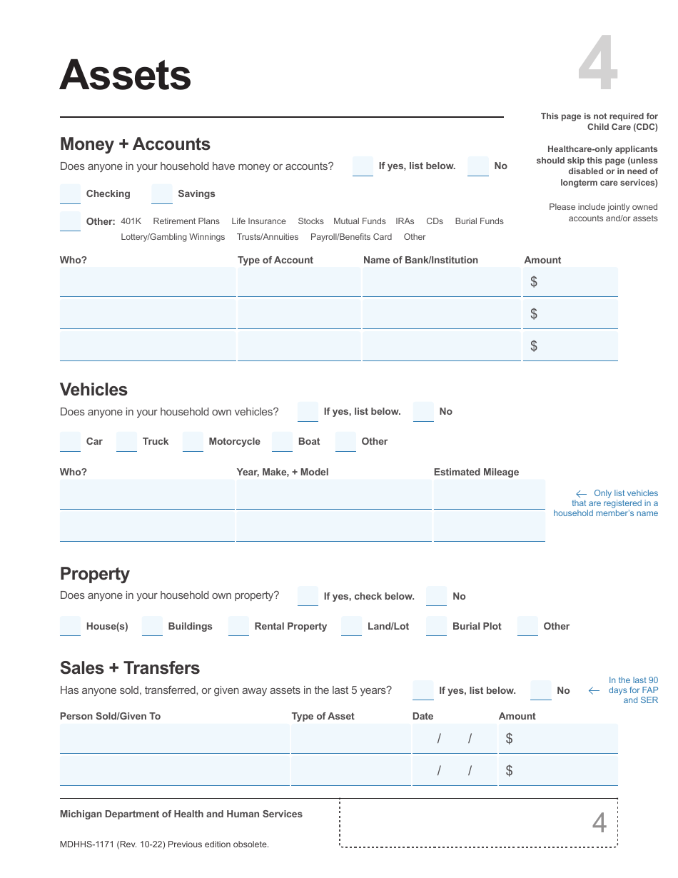 Form Mdhhs 1171 Download Fillable Pdf Or Fill Online Assistance Application Michigan 9103