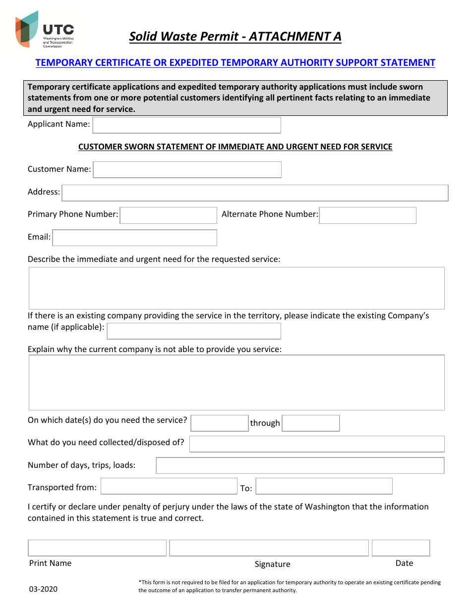 Washington Solid Waste Permit Temporary Certificate or Expedited