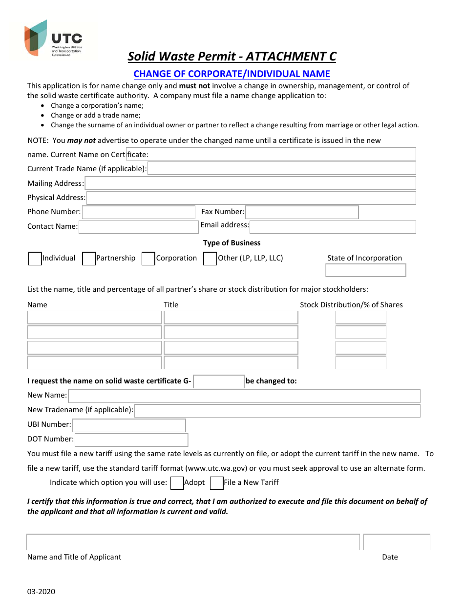 Attachment C Solid Waste Permit - Change of Corporate / Individual Name - Washington, Page 1