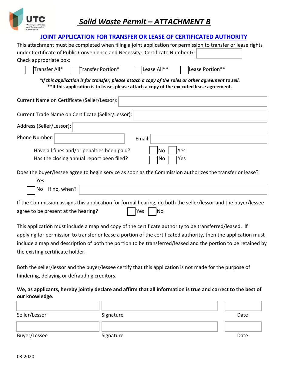 Washington Solid Waste Permit Joint Application for Transfer or Lease