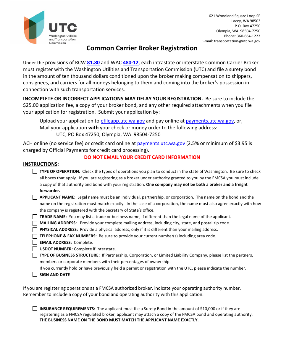 Common Carrier Broker Registration Application - Washington, Page 1
