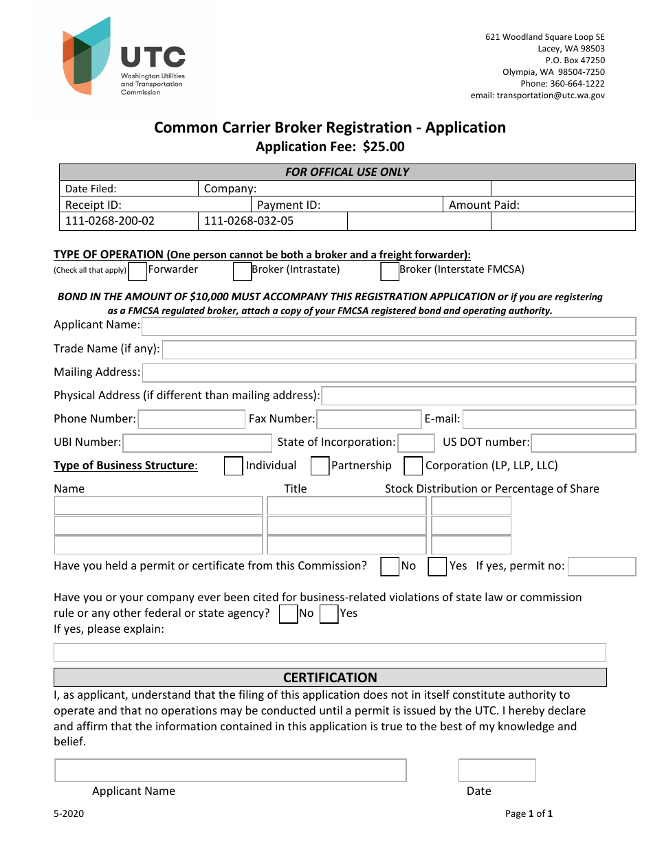 Common Carrier Broker Registration Application - Washington, Page 2