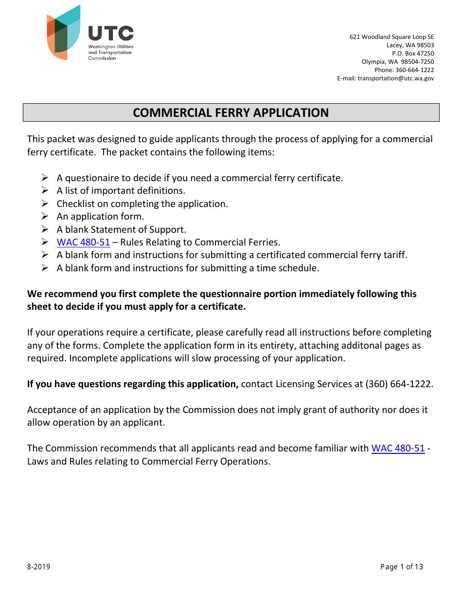 Commercial Ferry Application - Washington, Page 1