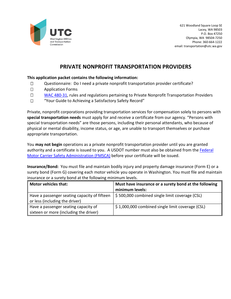Private Nonprofit Transportation Providers Certificate Application - Washington, Page 1