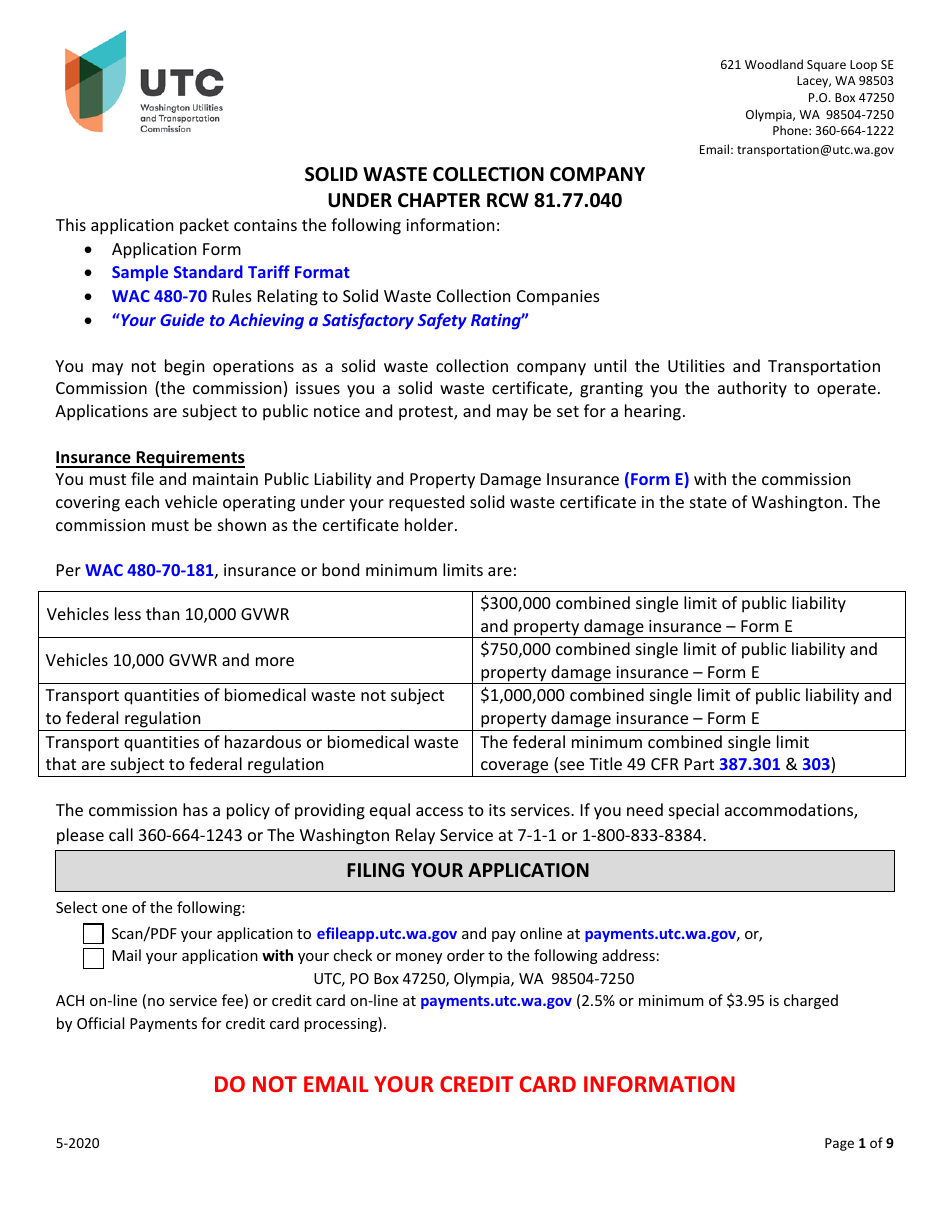 Solid Waste Collection Company Certificate Application - Washington, Page 1