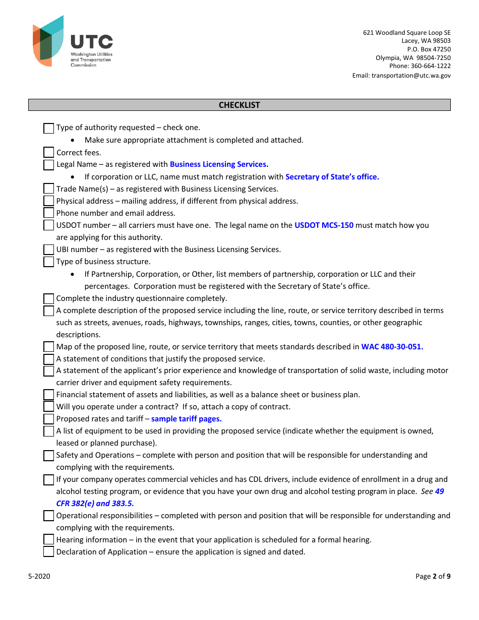 Solid Waste Collection Company Certificate Application - Washington, Page 2