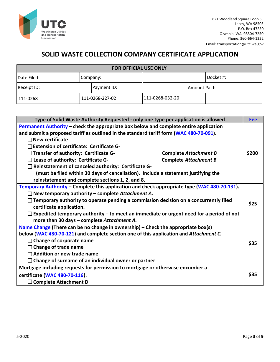Solid Waste Collection Company Certificate Application - Washington, Page 3