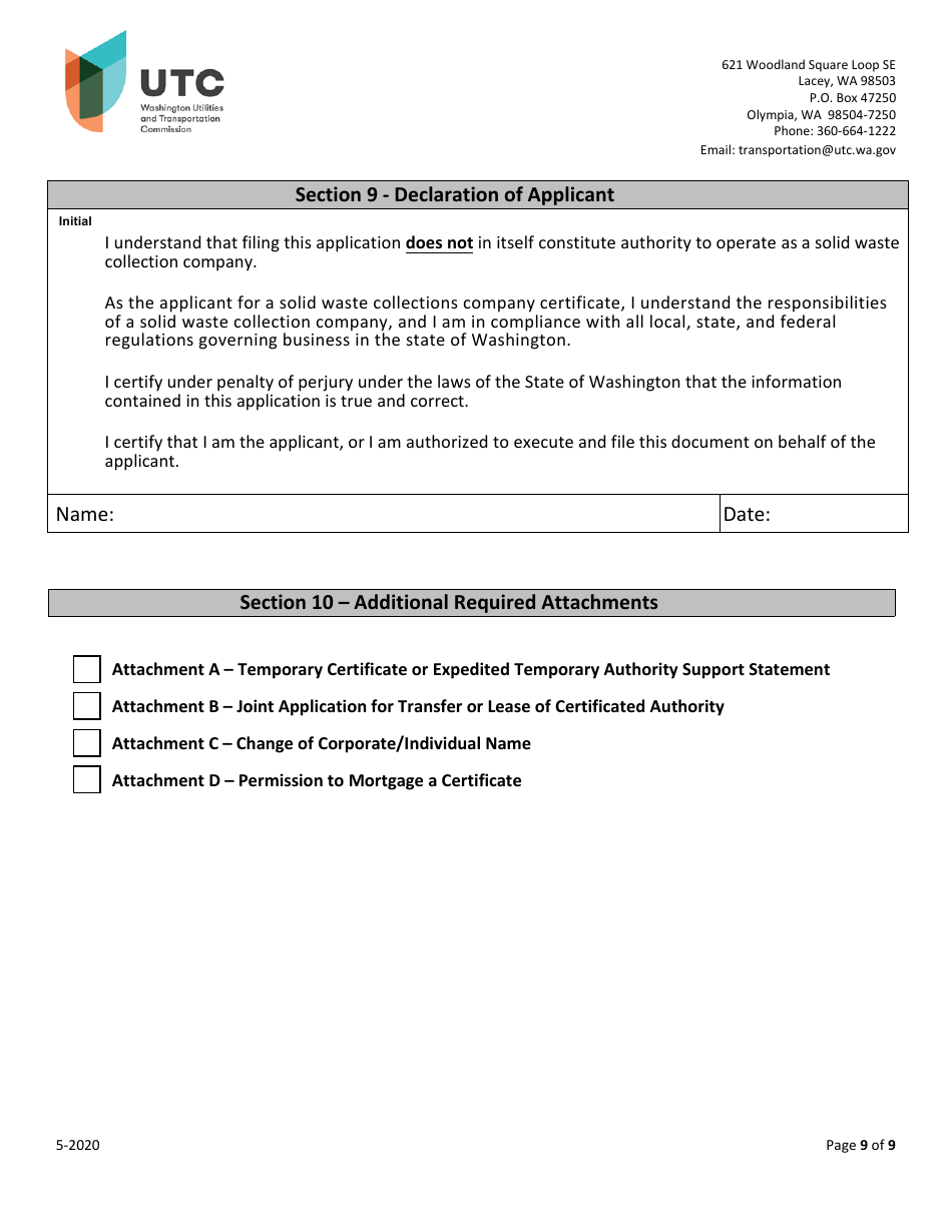 Solid Waste Collection Company Certificate Application - Washington, Page 9