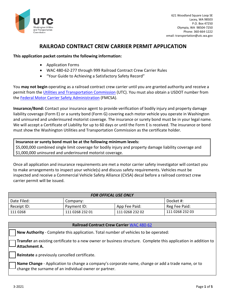 Railroad Contract Crew Carrier Permit Application - Washington, Page 1