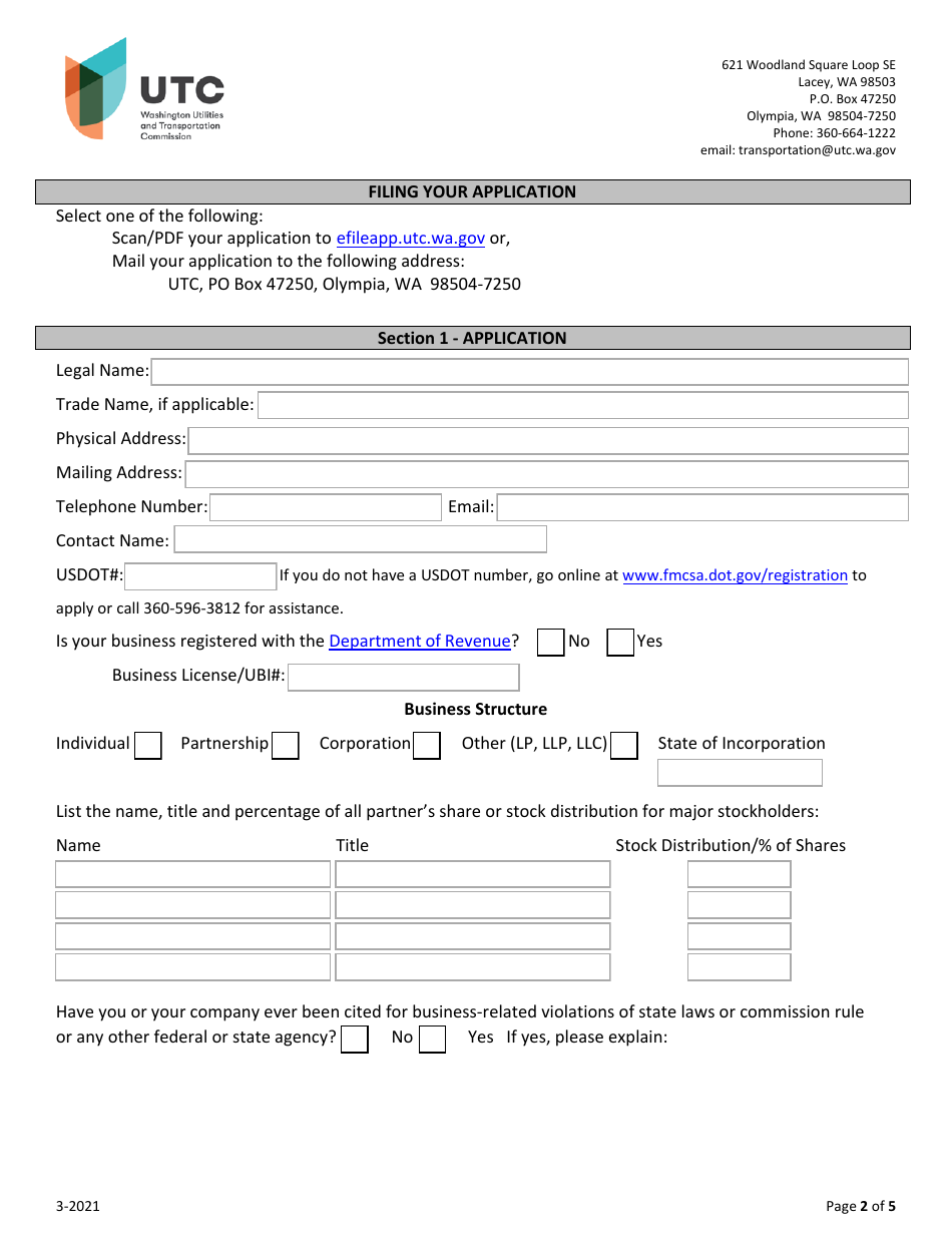 Railroad Contract Crew Carrier Permit Application - Washington, Page 2