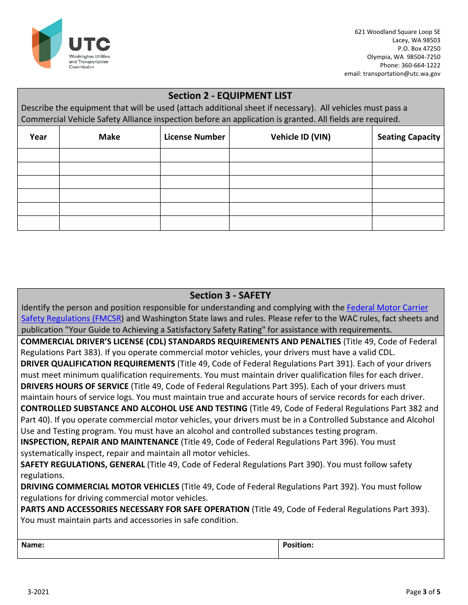 Railroad Contract Crew Carrier Permit Application - Washington, Page 3