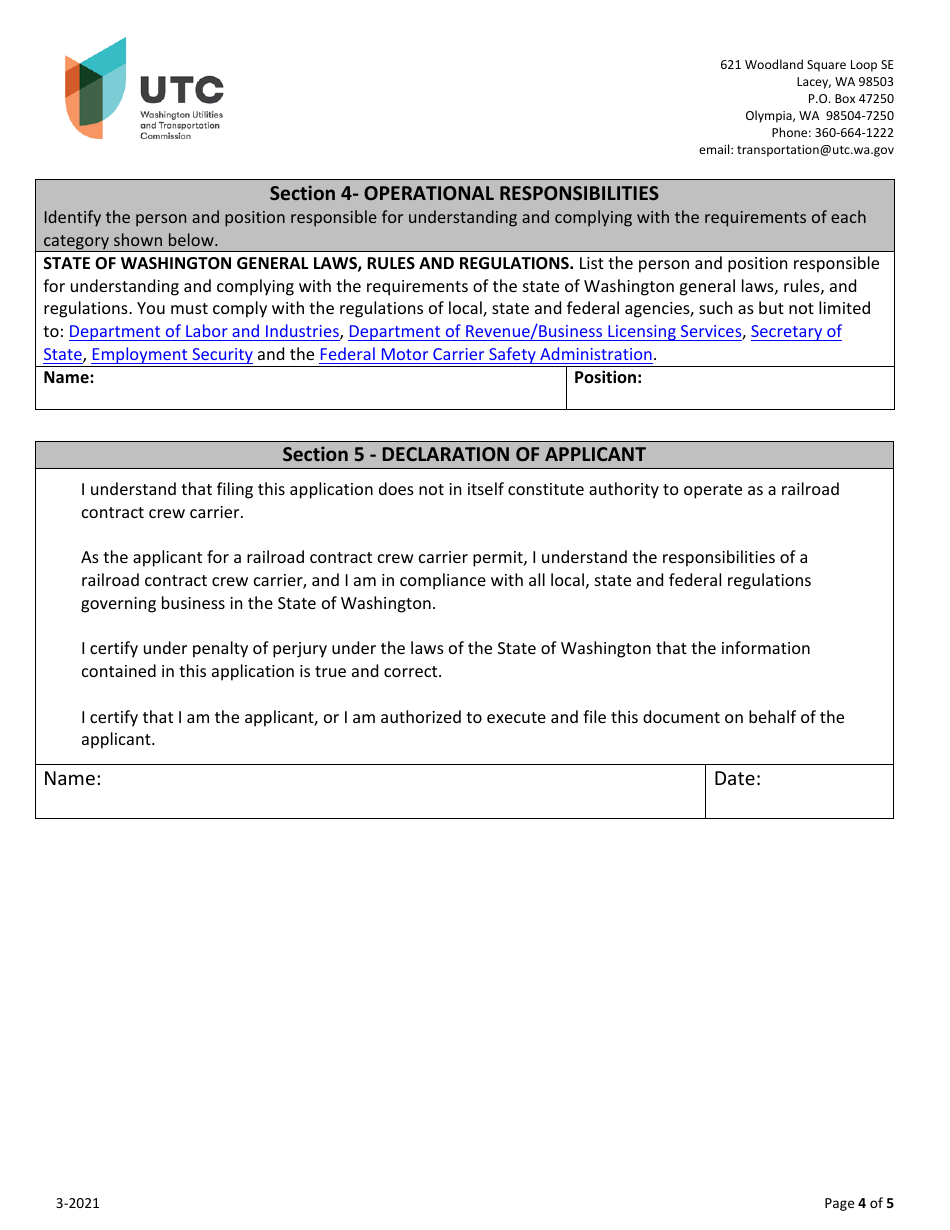 Railroad Contract Crew Carrier Permit Application - Washington, Page 4