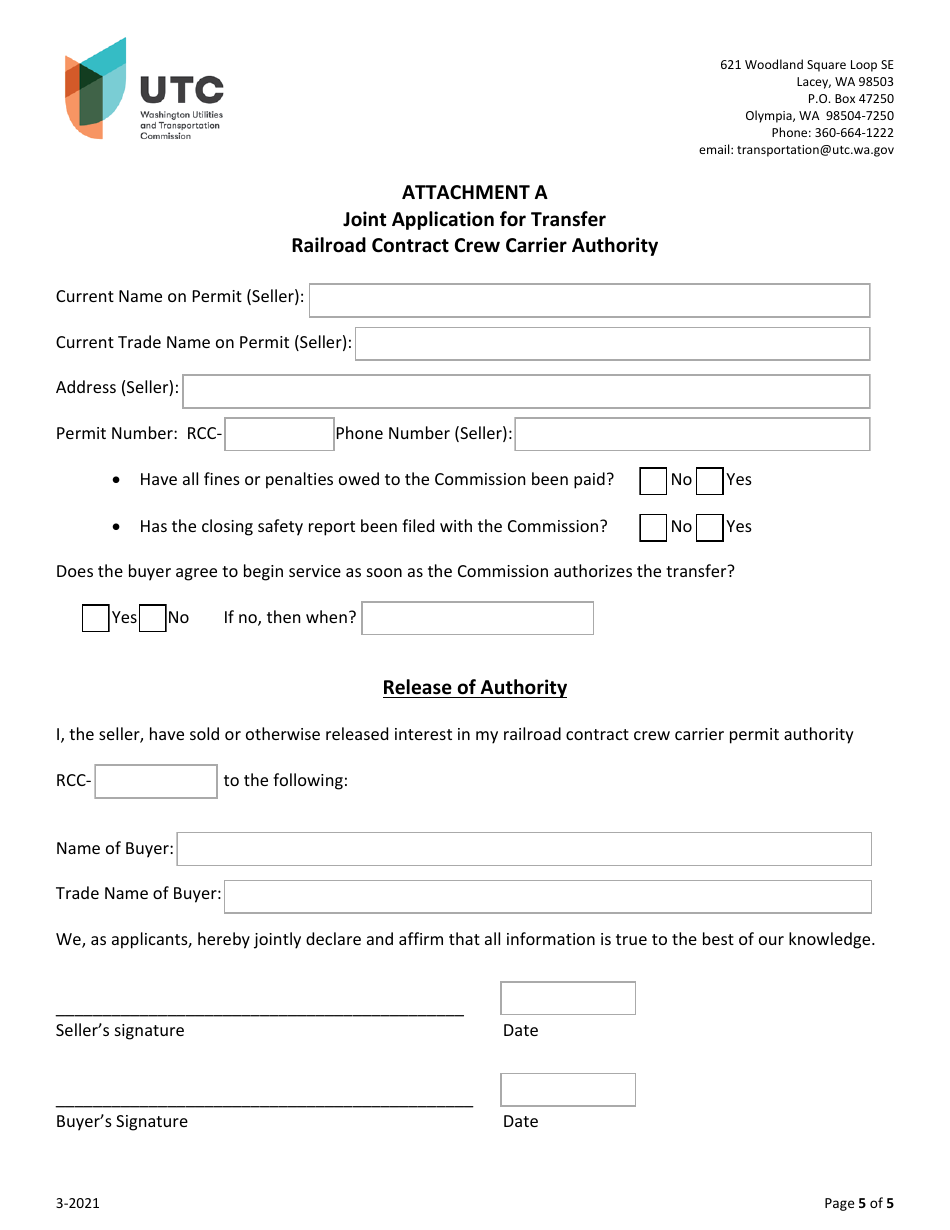 Railroad Contract Crew Carrier Permit Application - Washington, Page 5