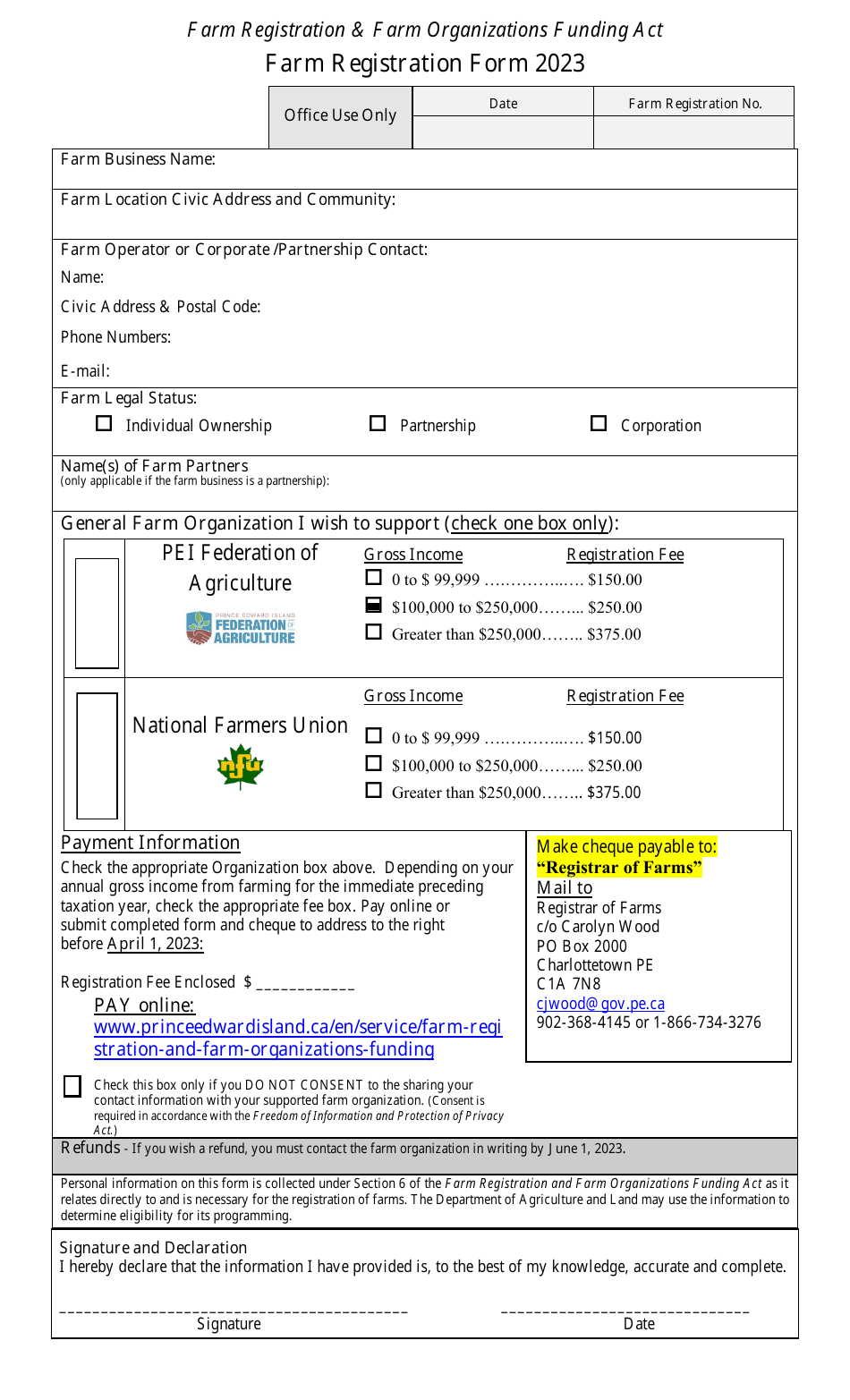Farm Registration Form - Prince Edward Island, Canada, Page 1