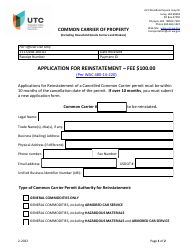 Document preview: Application for Reinstatement - Common Carrier of Property - Washington